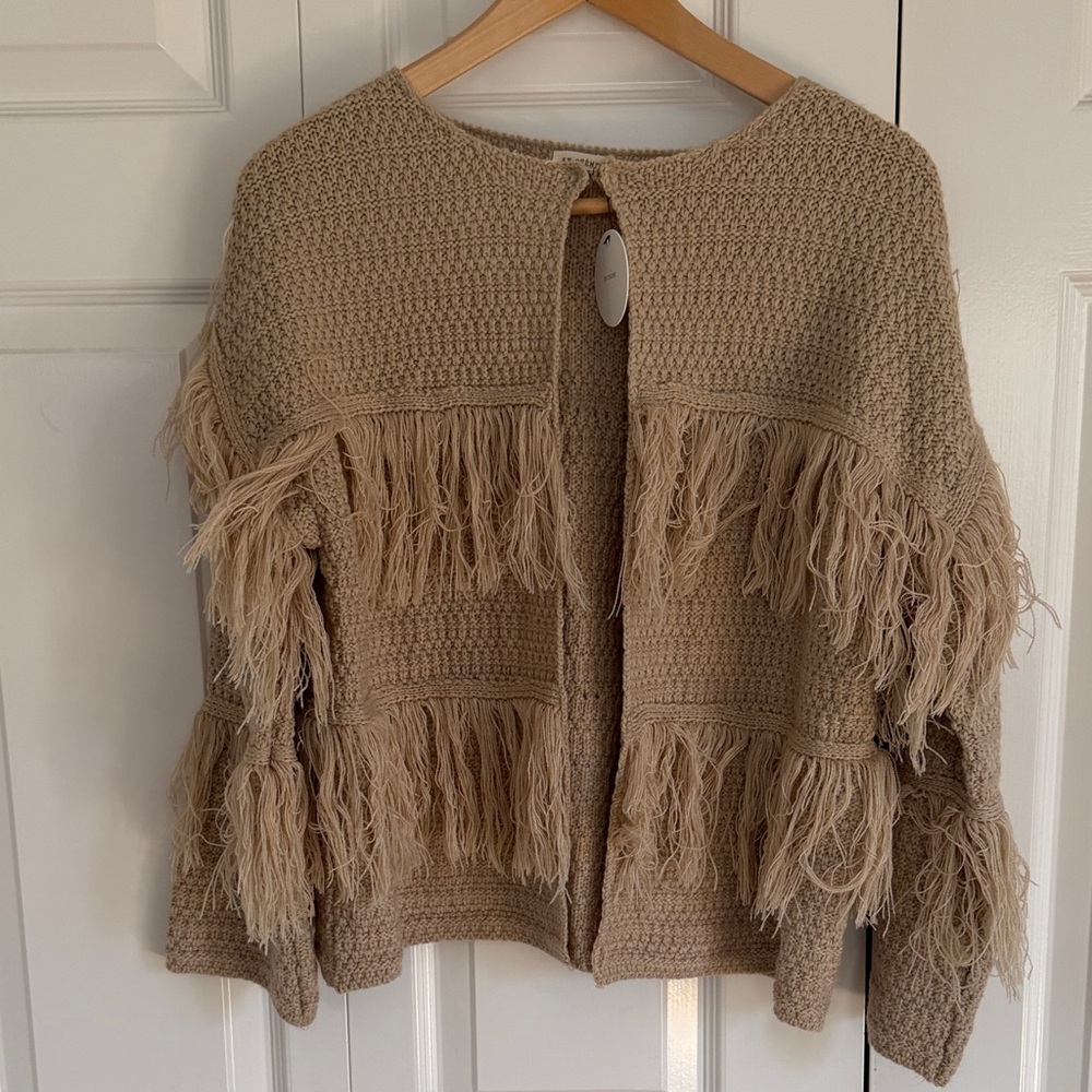 En Creme Textured Fringe Cardigan in Tan